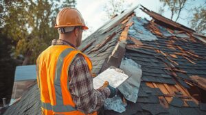Homeowner inspecting roof shingles from the ground beside a ladder and cleaned gutters.