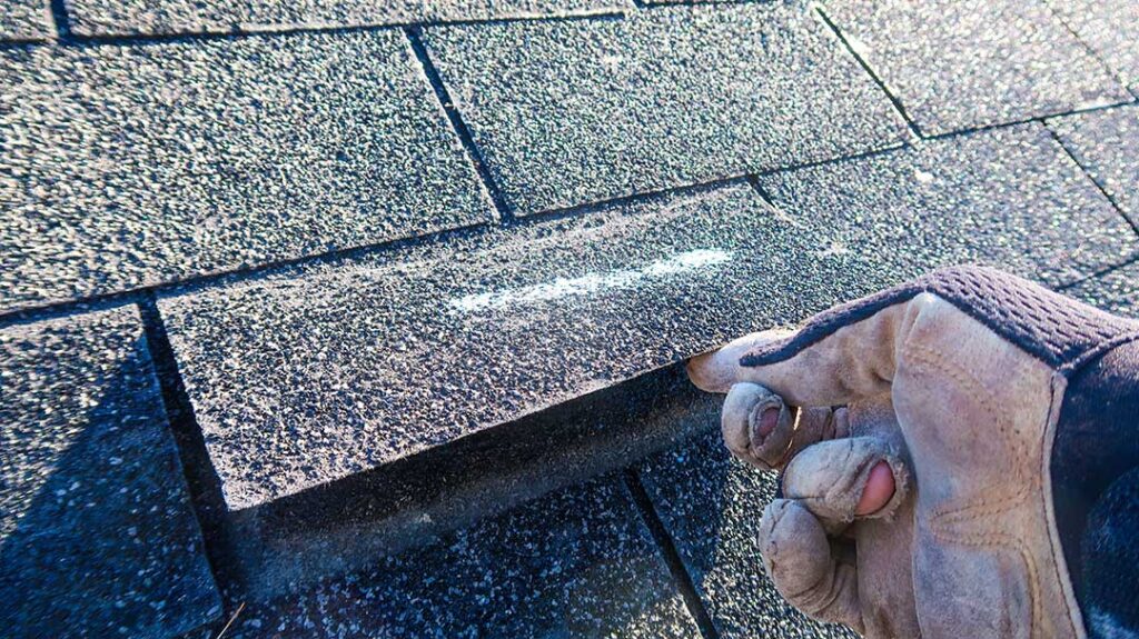 Homeowner inspecting worn shingles and moisture marks in a residential attic.