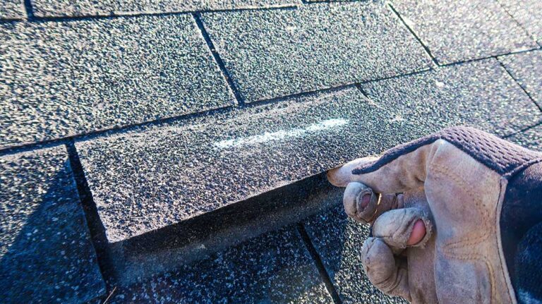 Homeowner inspecting worn shingles and moisture marks in a residential attic.